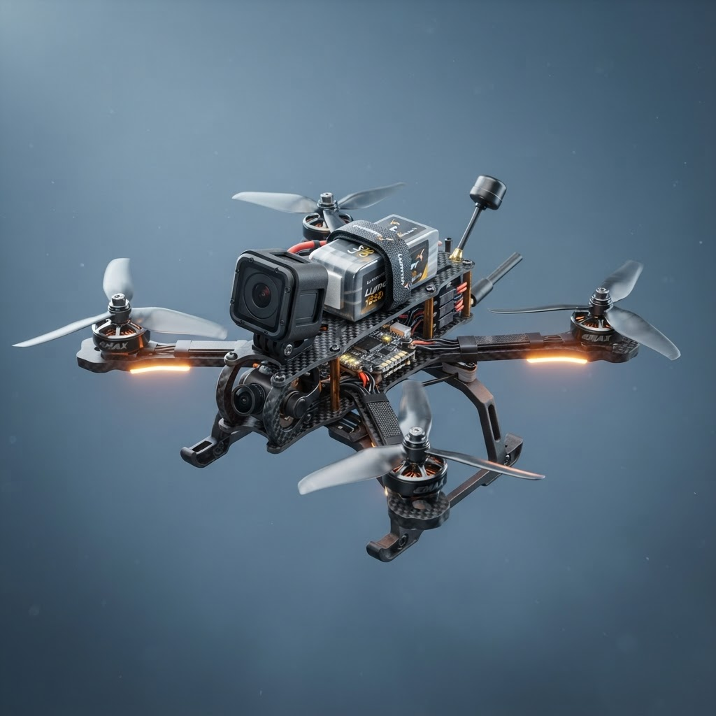 Detailed three-quarter render of the Wild Sky modular FPV quadcopter drone