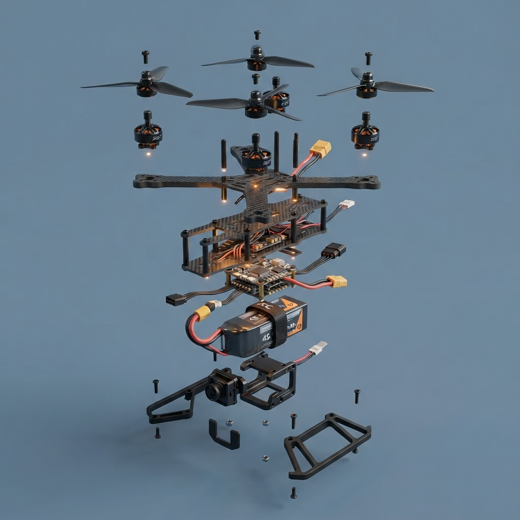 Exploded assembly reference view of the Wild Sky WS-01 Scout drone