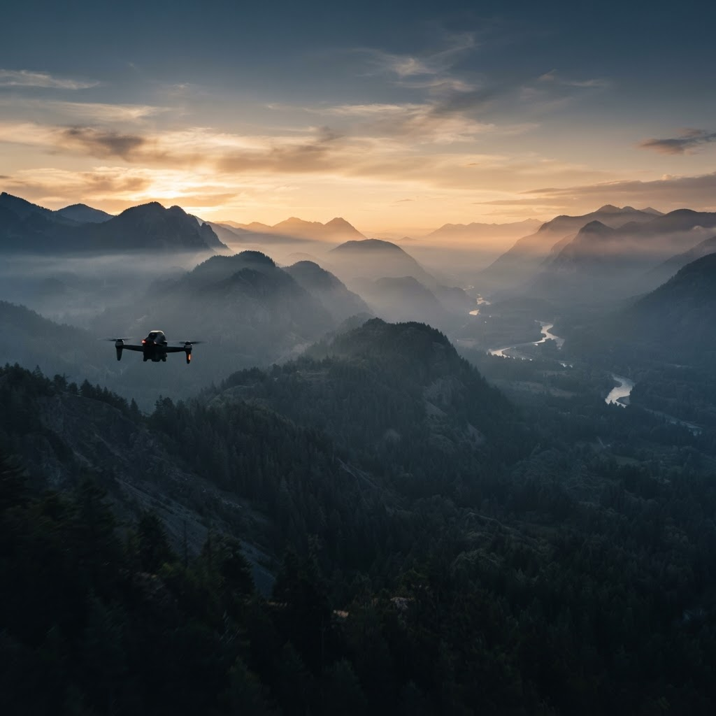 Aerial view of misty mountain valleys at golden hour from a drone in flight
