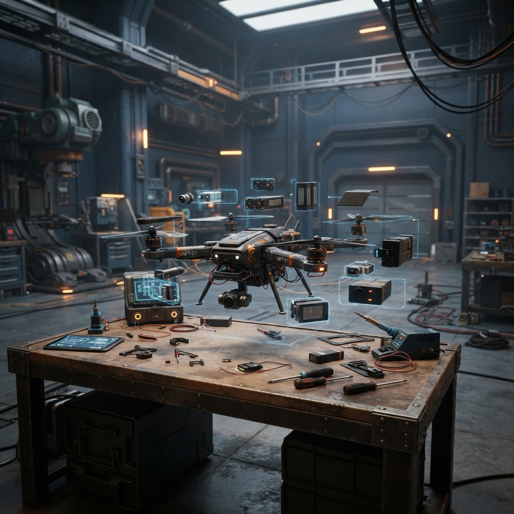 Drone building workshop with a quadcopter and modular parts