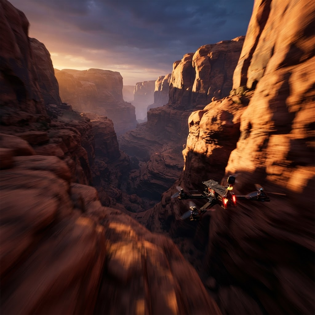 FPV drone weaving through a red rock canyon at dusk