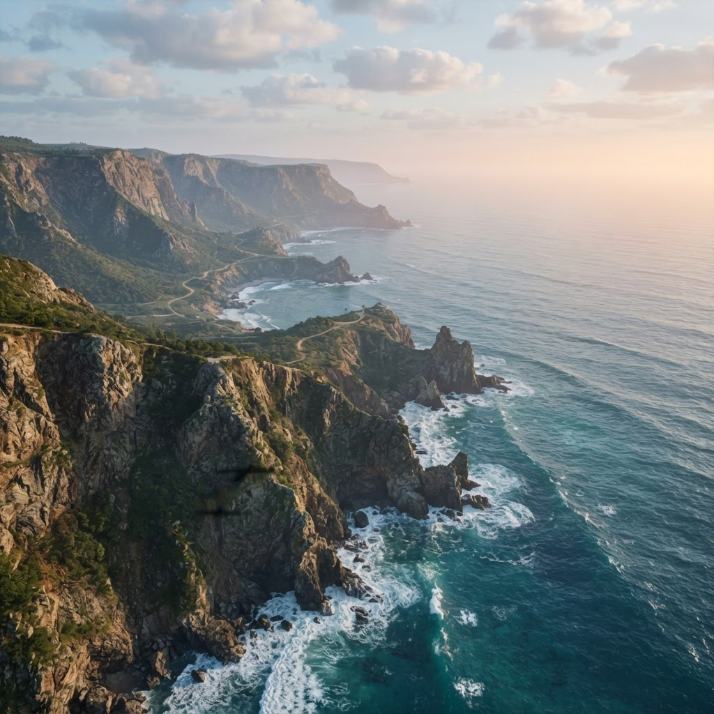 Drone flying along a rugged coastline with turquoise water