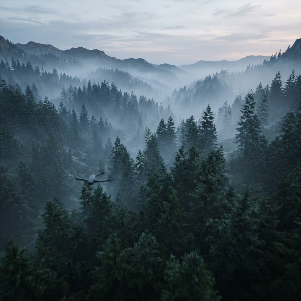 Drone gliding low over a misty pine forest at dawn